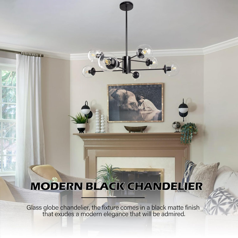 Lustre moderne Spoutnik à 8 lumières avec abat-jour en verre transparent, plafonnier suspendu réglable pour le salon, la salle à manger et plus encore