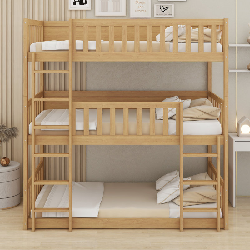Triple Wood Bunk Bed, With Ladders, Guardrails, White Oak