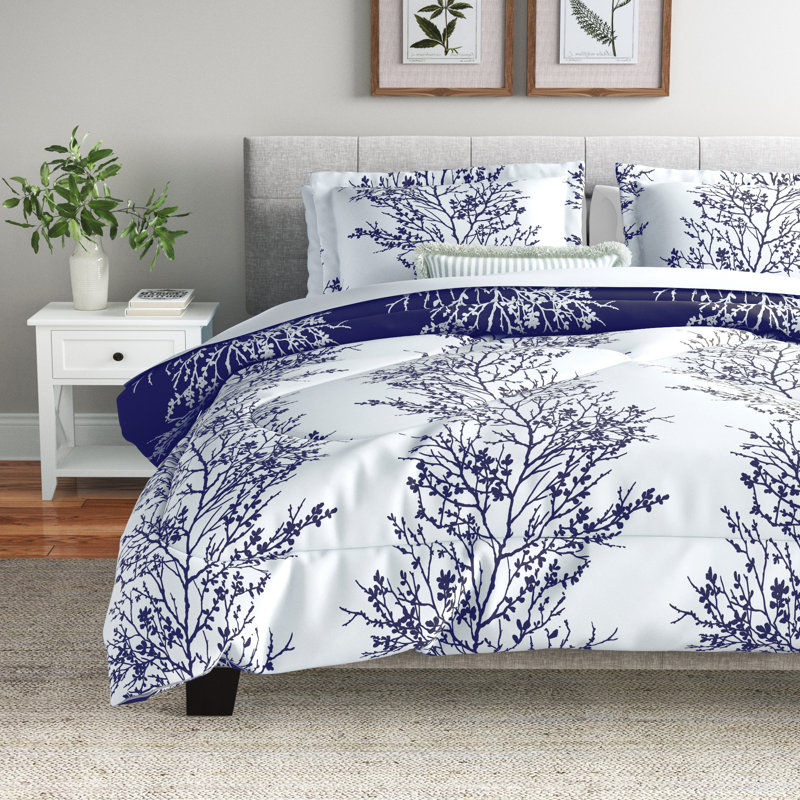 Leaf 8-Piece Reversible Bed-in-a-Bag Comforter Set, King Comforter + 7 Additional Pieces, Blue/Chocolate
