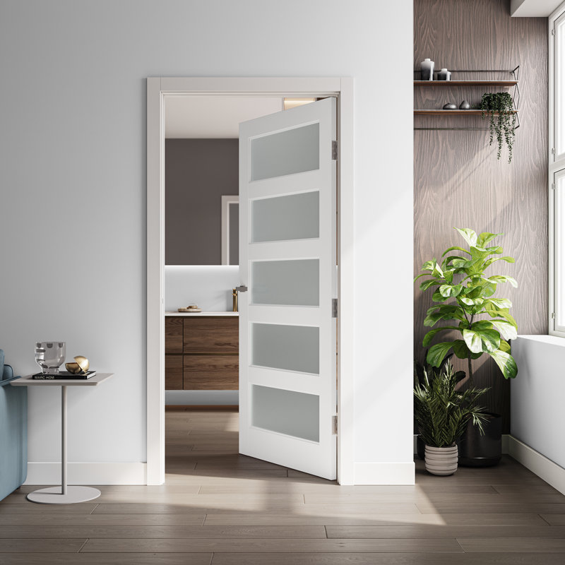 32" x 80" White Primed MDF 5-Lite Frosted Glass Interior Door Slab