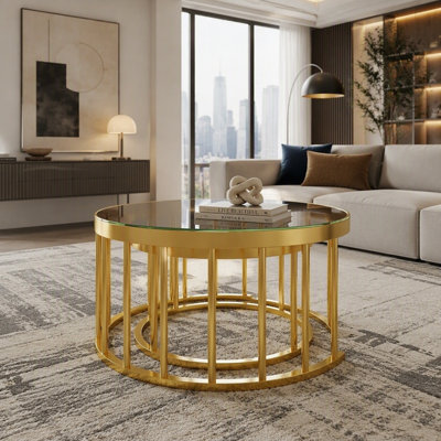 Round Nesting Coffee Table Set of 2, Modern Gold Metal Frame Circular Cocktail Table, Mirrored Finish Top Accent Nesting Tables for Living Room