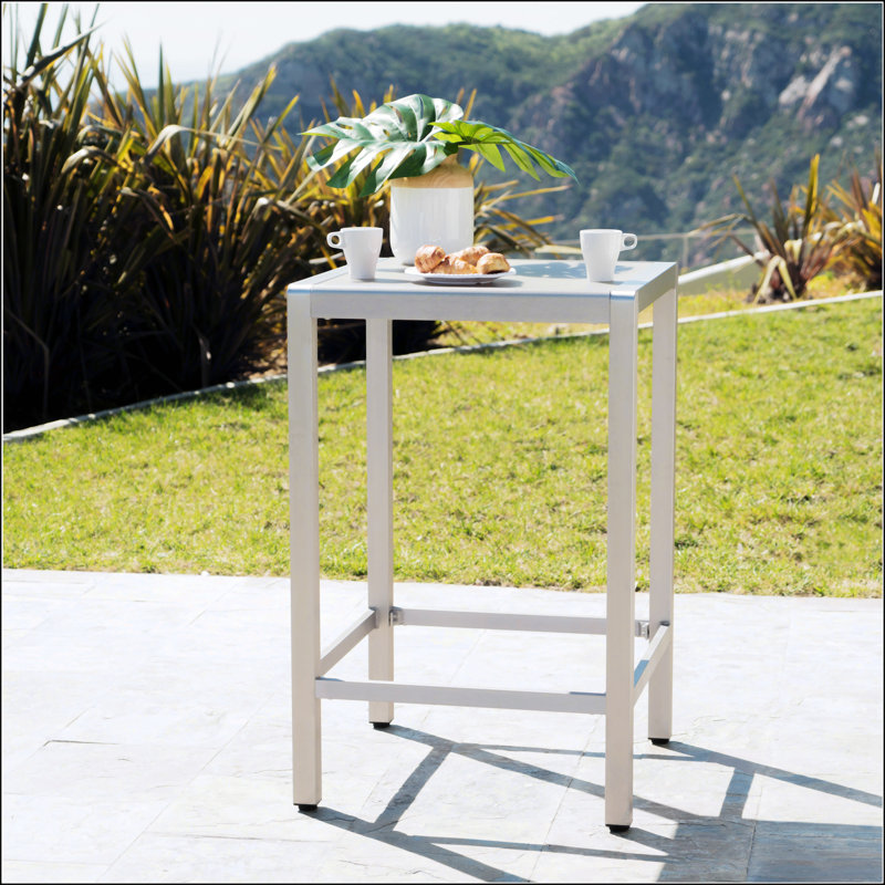 Table de bar d'extérieur en aluminium de 43 pouces avec plateau en verre trempé, finition grise, résistante à la rouille et durable