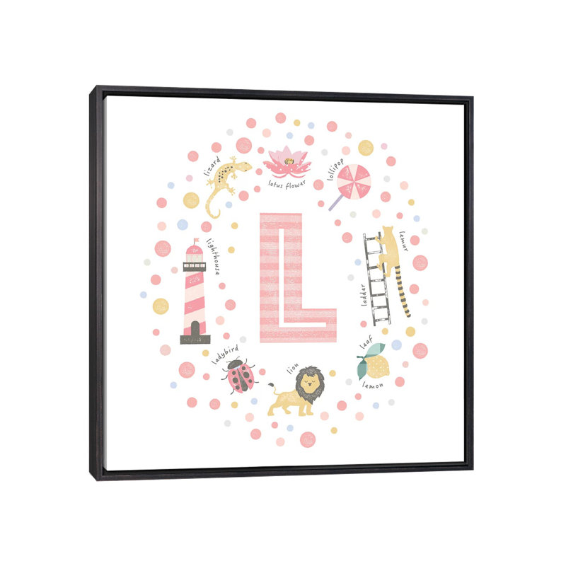 Lettre illustrée L rose - impression, Aucun mat, H 37 po x l 37 po x P 1,5 po, Toile avec cadre noir patiné