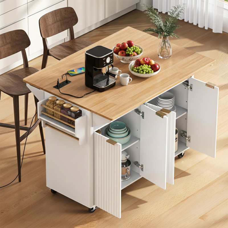 55.5" W Modern Fluted Kitchen Island With Double Drop Leaf, Curved Safety Edges And Built-In Power Outlet, White, White