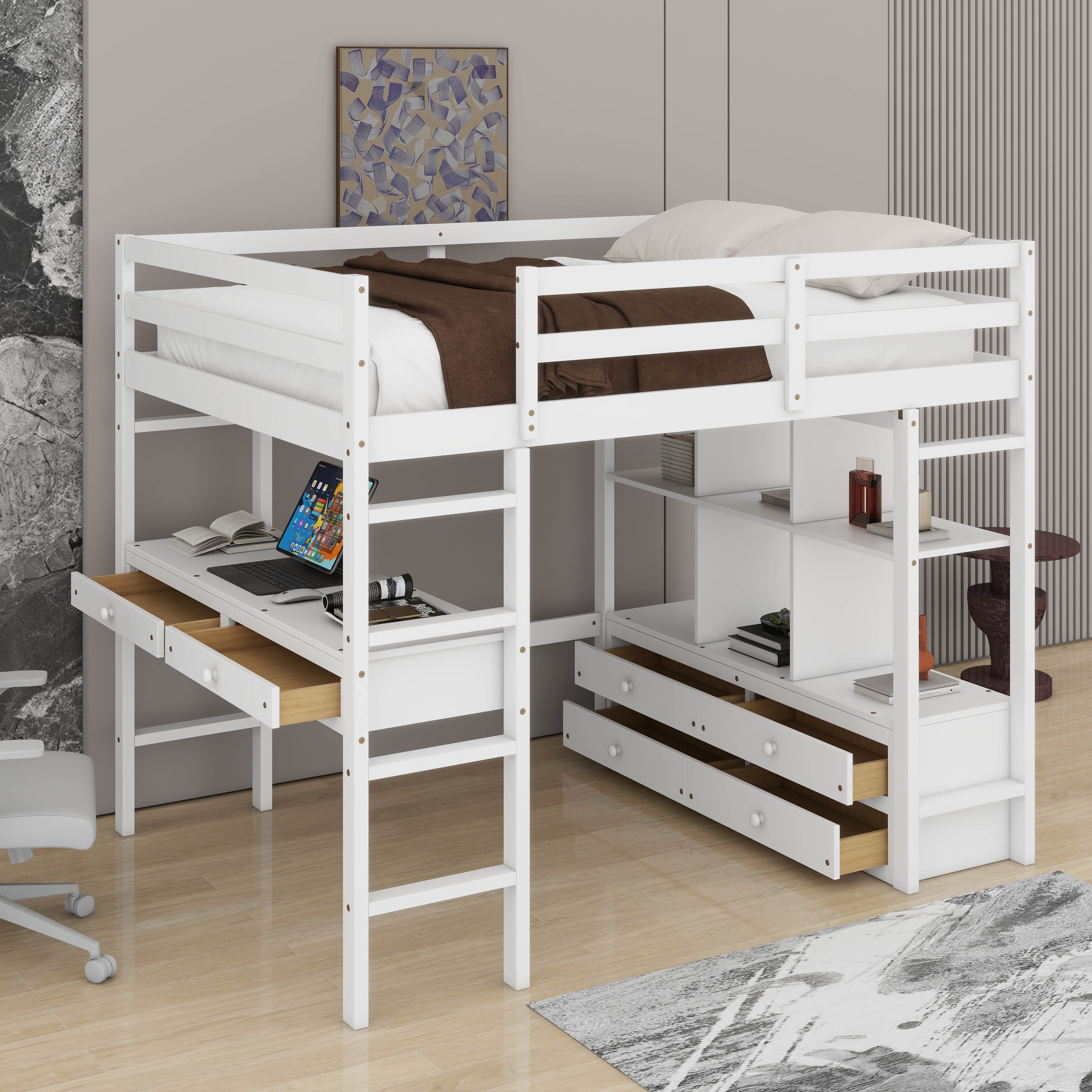 Ebern Designs Full Size Loft Bed With Built-In Desk,Storage Shelves And ...