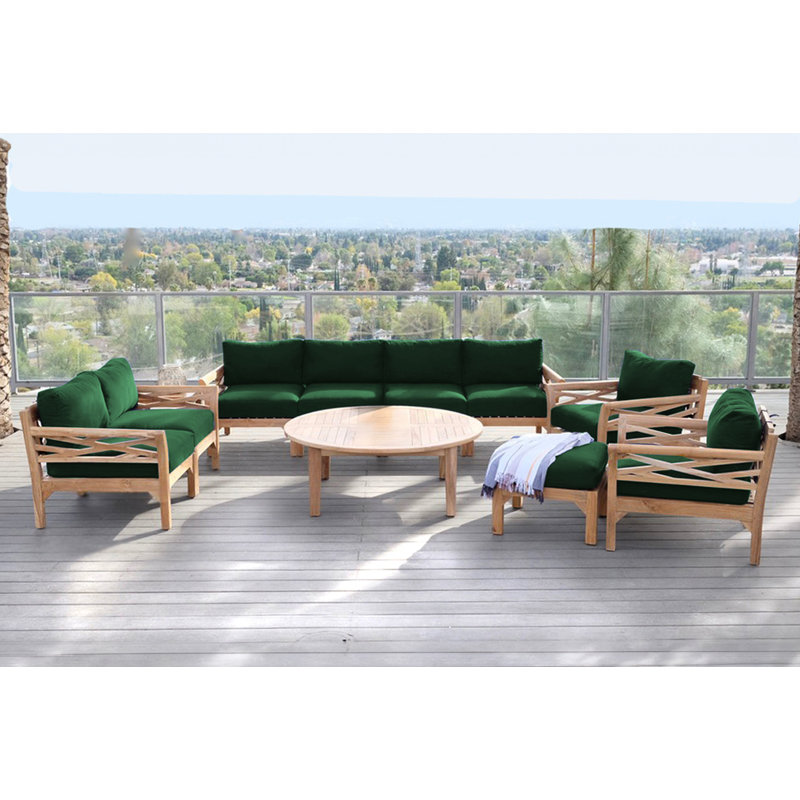 Monterey Teak Outdoor Seating Group with Cushions, Forest Green, 6 Pcs:  Sectional,2Chair,Cushion,Table,Ottoman