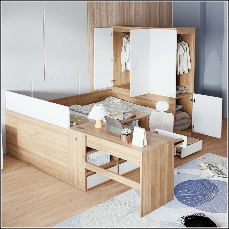 Lit plateforme double en bois avec 6 tiroirs, bureau, tablettes et garde-robe, Naturel