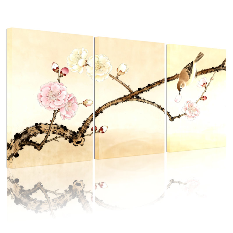 «Birds Cherry Blossom Branch», ensemble de 3 impressions sur toile, H 18 po x l 36 po