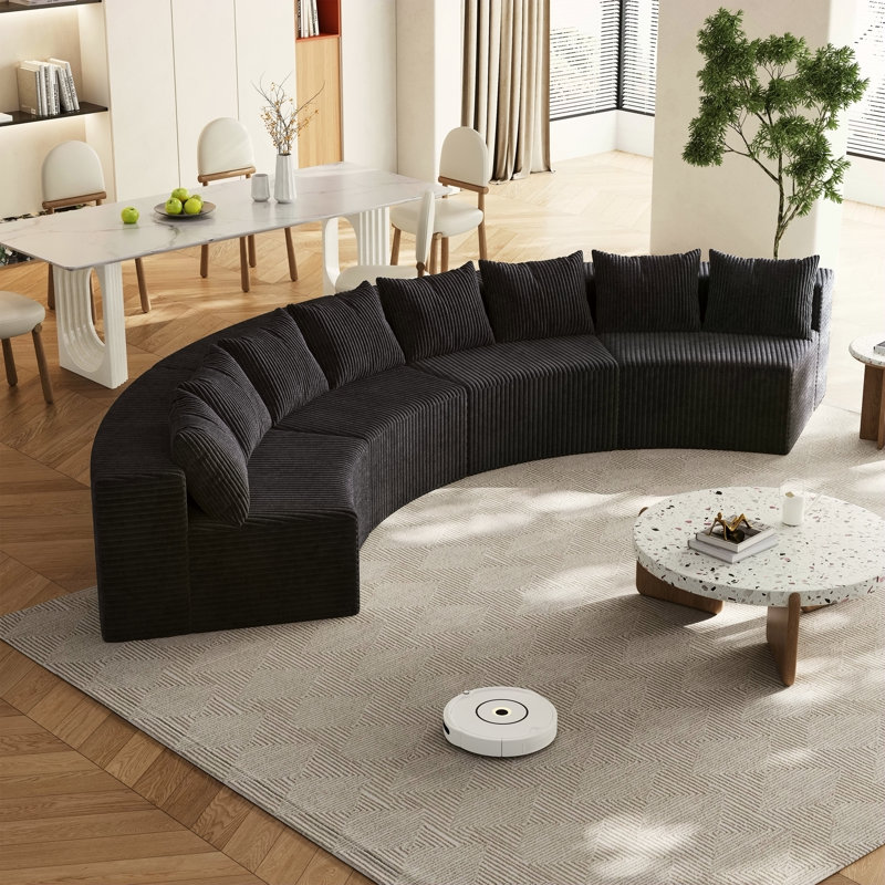 Corduroy Curved Boneless Sectional Sofa With 8 Pillows,Curved Symmetrical Modular Semi Circular Sofa Sectional For Bedroom, Living Room, Office For Leisure Or Nap, Reading Room, And Lobby(Four Modules)