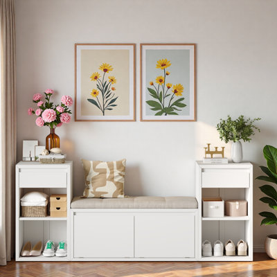 Storage Bench With Cushion, Compartments, Drawers And Open Shelves