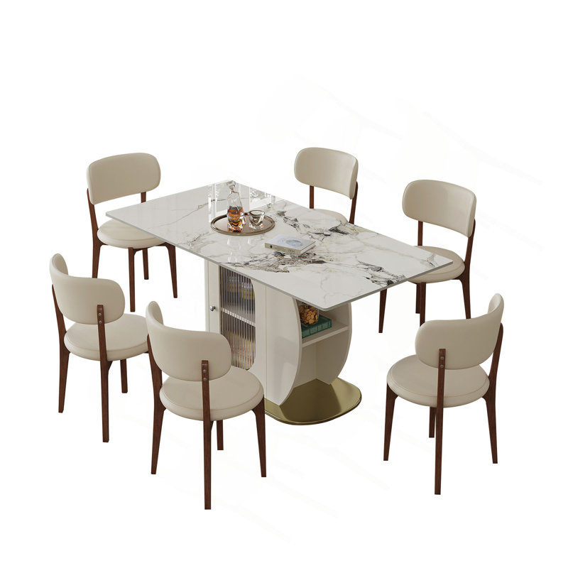 Ensemble de table de salle à manger moderne 63 personnes pour 6 personnes avec rangement, plateau en pierre brûlée et base en bois massif doré, comprenant des chaises en polyuréthane blanc pour la cuisine et un appartement