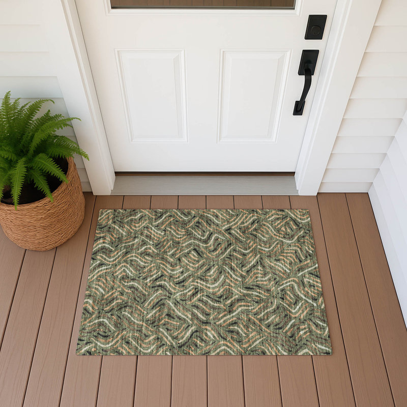 Machine Washable Indoor/Outdoor Chantille ACN2474 Abstract Rug, 1'8" x 2'6", Olive
