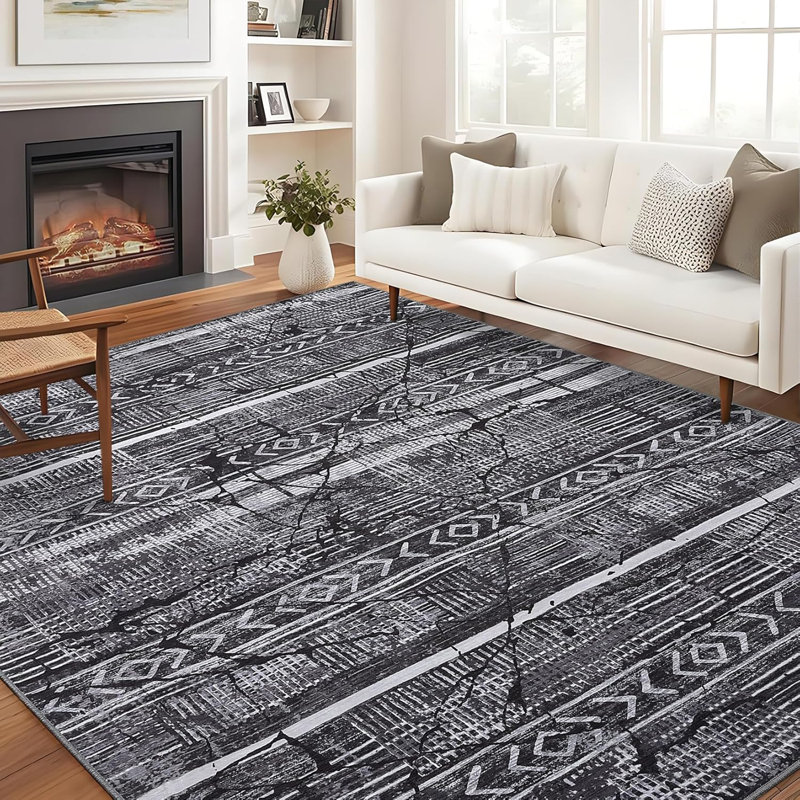 Washable Rug – Distressed Marble Boho Farmhouse Style Thin Light Grey for Living Room Bedroom Dining Room Office.