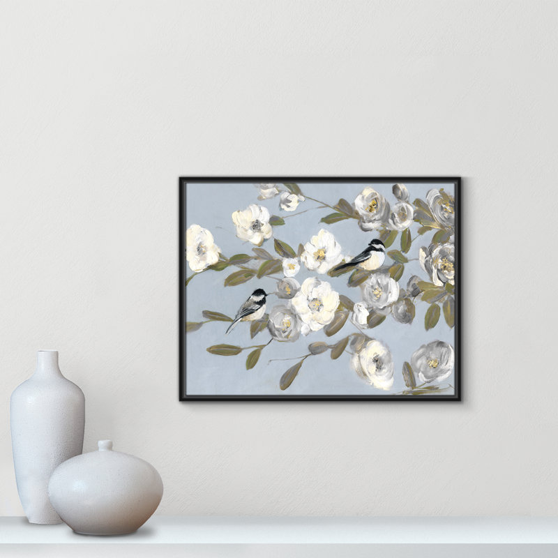 Chickadees and Blossoms " Chickadees and Blossoms I " Acrylic Painting, 23.5" H x 29.5" W x 2" D, Black Framed