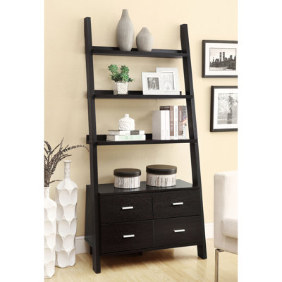 Cappuccino Bookshelf With 5 Shelves And Four Drawers, 72 Inches In Height, 33.5 Width, 16.5 Depth, Office - Design, Open Back Shelf Spacious Drawers For Use, High, Wide, Deep, Contemporary Stylish