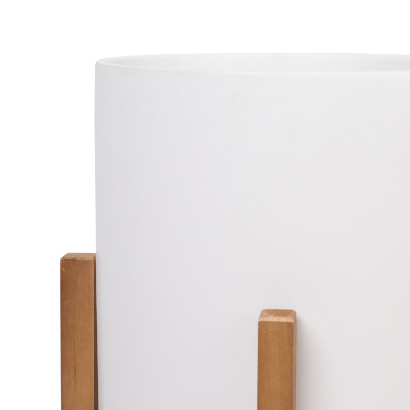 Surles Round Modern Ceramic Indoor Pot Planter with Wood Legs, White, 19" H x 13.5" W x 13.5" D