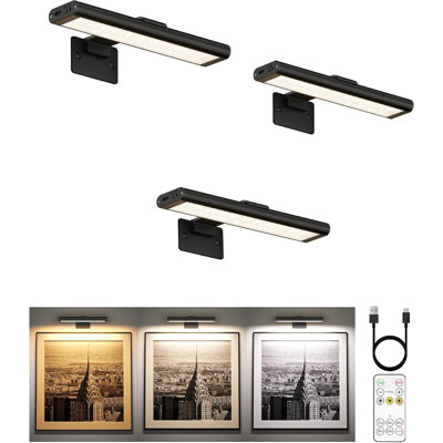 Lampe murale pour tableau, rechargeable 2400 mAh, sans fil avec télécommande infrarouge, 3 couleurs et intensité réglable, écran DEL magnétique de 7,8 pouces pour tableau, salon, galerie, chambre (Noir - Paquet de 3)