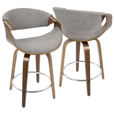 Tabouret de comptoir Curvini Mid-Century moderne en bois de noyer et tissu gris clair par Lumisource - ensemble de 2