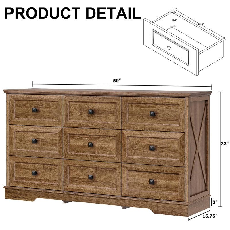 9 Drawer 59'' W Double Dresser for Bedroom,Living Room,Office, Natural Oak