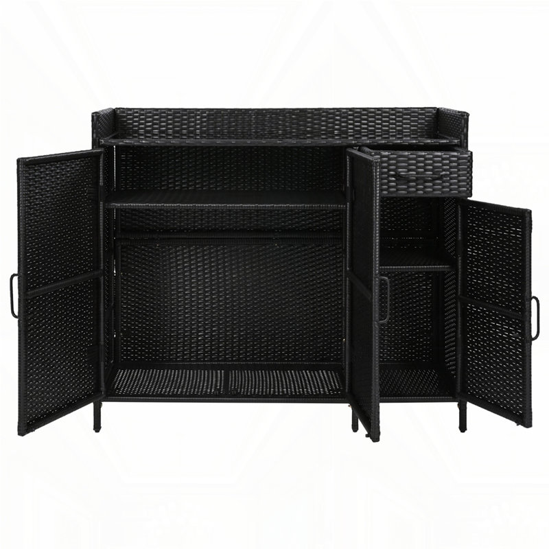 47.5"W Wicker Outdoor Storage Cabinet with Tempered Glass Desktop, Black
