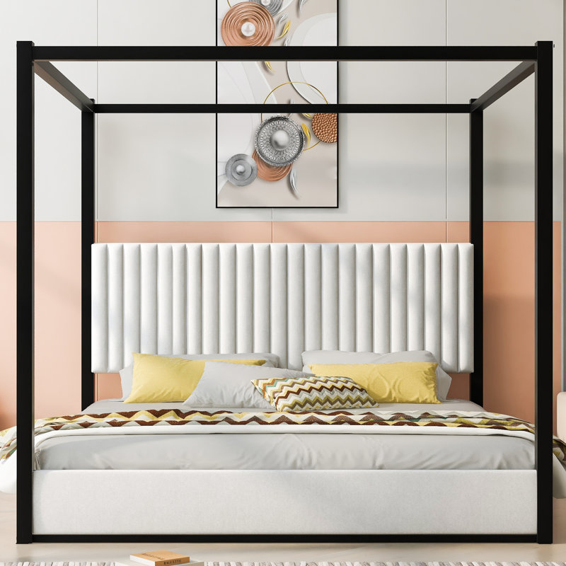 King Size Upholstered Canopy Platform Bed with Velvet Headboard, Solid Wood & Metal Frame, Modern 4-Poster Bed, White
