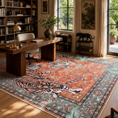 Goldene Oriental Tiger Vintage Washable Area Rug - Soft Cashmere Carpet for Living Room, Bedroom, or Office