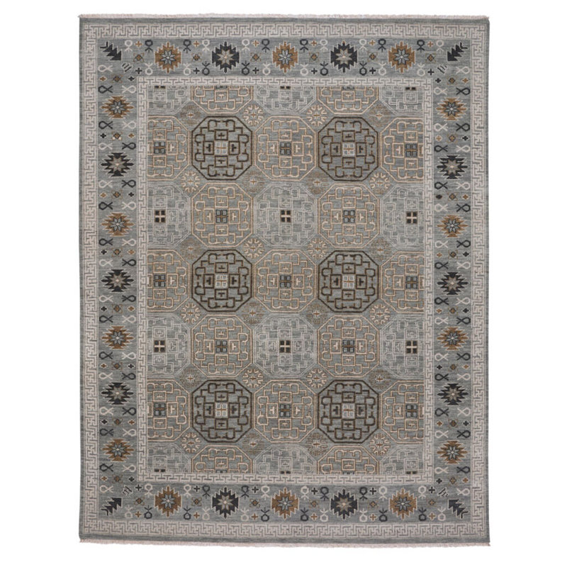 Burmesse-Tile Hand-Knotted Wool Silver/Brown/Beige Area Rug, Rectangle 5'6" x 8'6"
