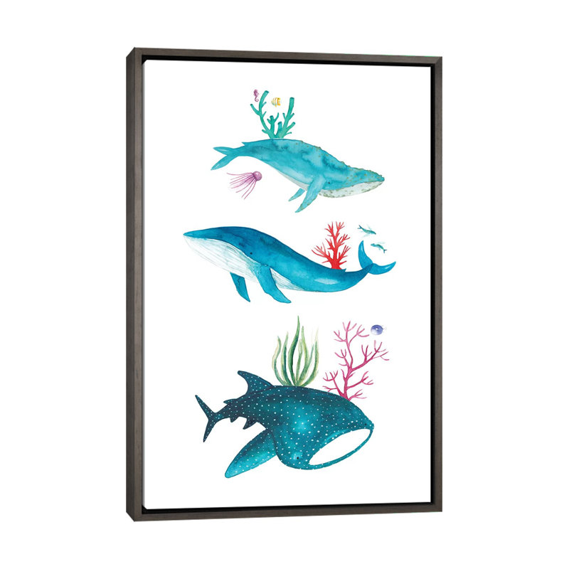 Créatures de l'océan - impression, Pas de tapis, H 60 po x l 40po x P 1,5 po, Toile avec cadre en bois gris