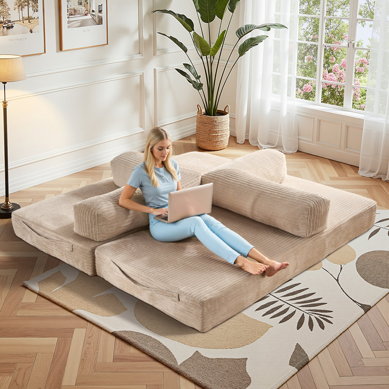 80.5'' Mordern Convertible Sleeper Sofa Corduroy Loveseat Sofa Bed, Foldable Floor Couch, Beige