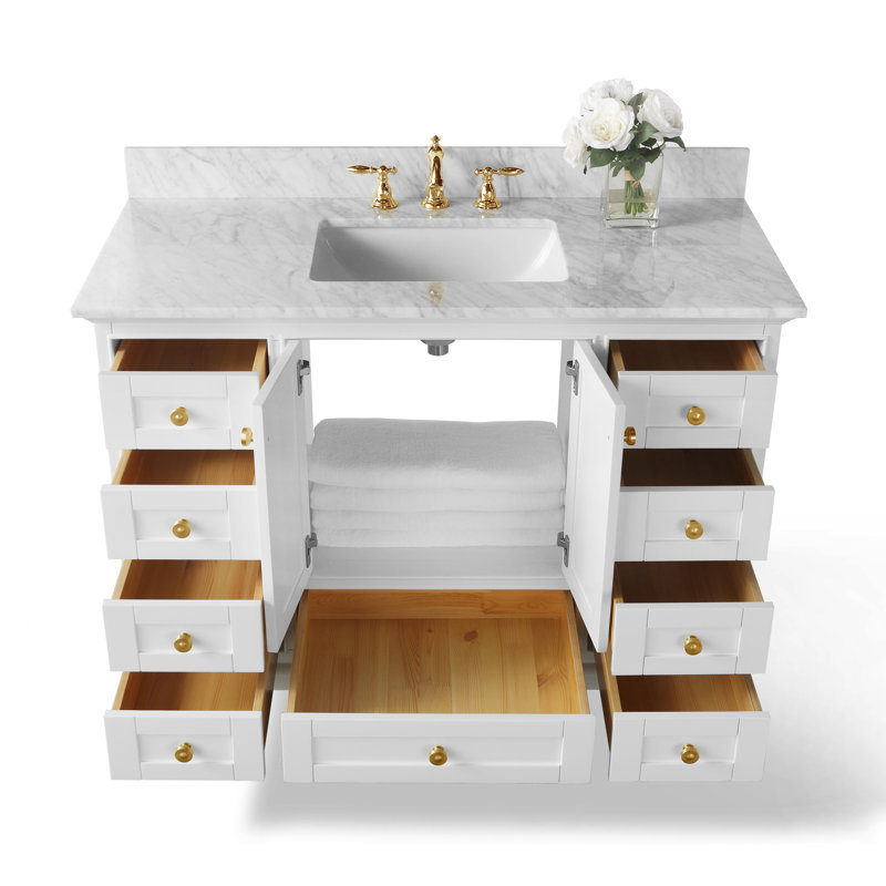 Audrey 48'' W Single Vanity, White/Brushed Gold, Carrara White Marble
