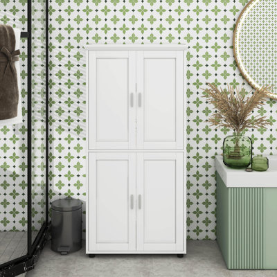 Tall And Wide Bathroom Floor Storage Cabinet, Bathroom Storage Unit, Freestanding Cabinet With 4 Doors, Adjustable Shelves