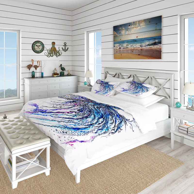 Full/Queen Blue and Purple Ocean Life Microfiber Duvet Cover Set