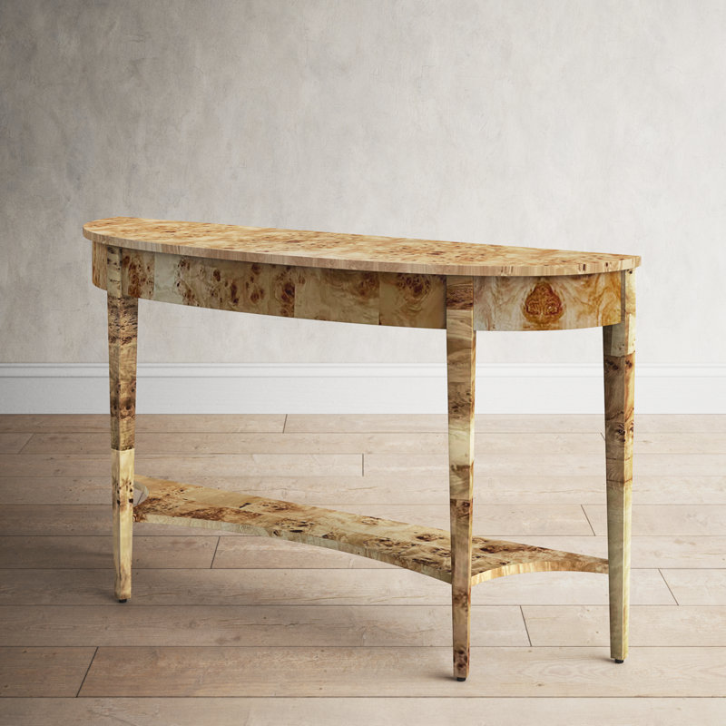Light Burl Wood Demilune Console Table with Storage Shelf