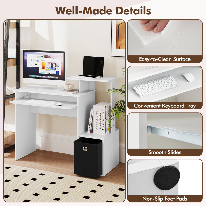Space-Saving Computer Desk With Open Shelf And Fabric Storage Drawer, White