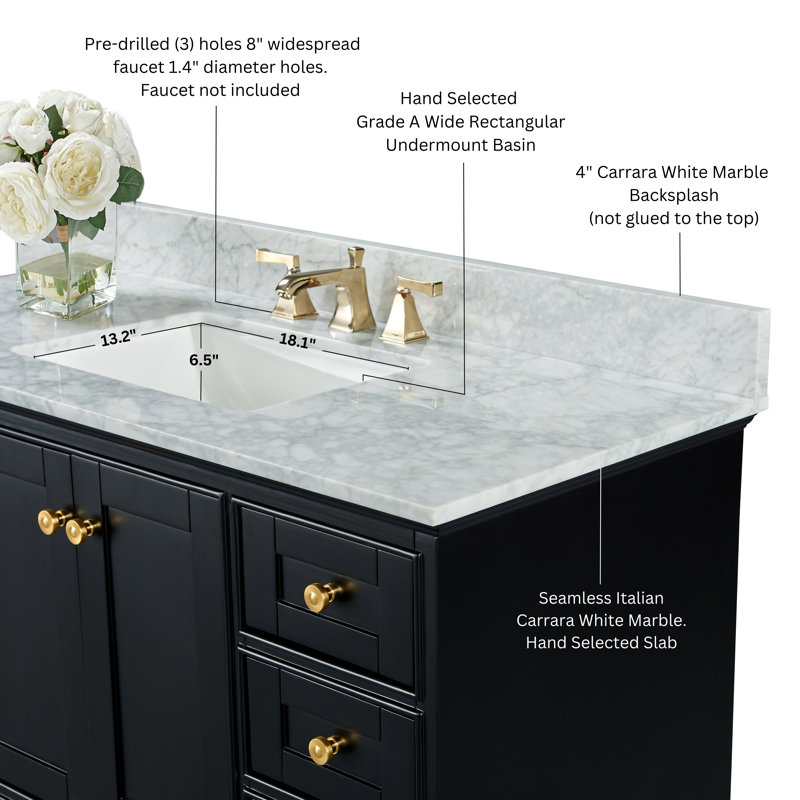 Audrey 66'' W Double Vanity, Carrara White, Black Onyx | Brushed Gold