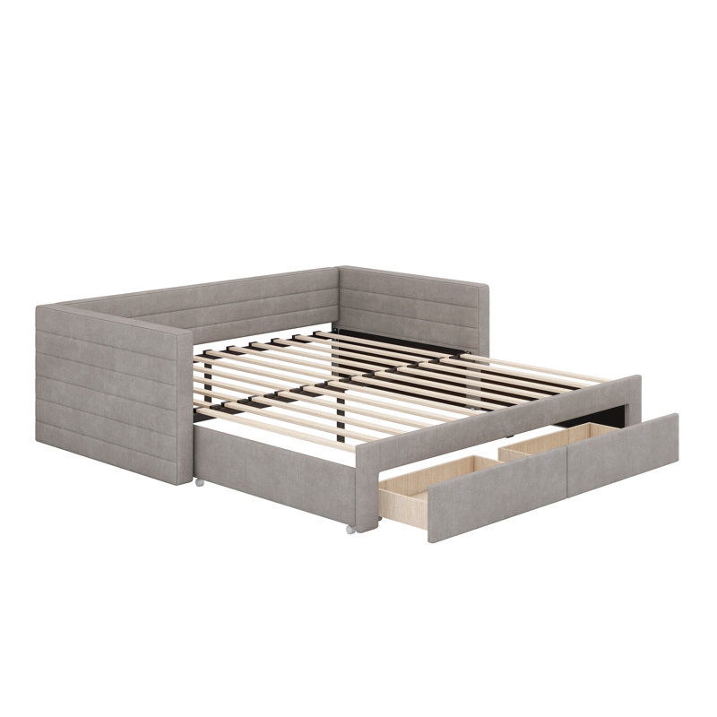 Upholstered Extendable Daybed Frame With Trundle, Gray