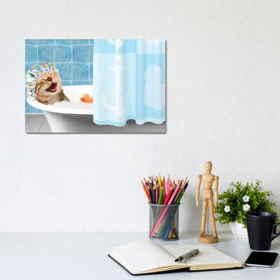Funny Cat Is Taking A Bath With Toy Duck - Print on Canvas