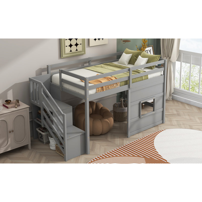 Lit mezzanine simple gris avec escalier de rangement pour l'utilisateur et jolie fenêtre - bois pour la chambre à coucher Spacieux et confortable