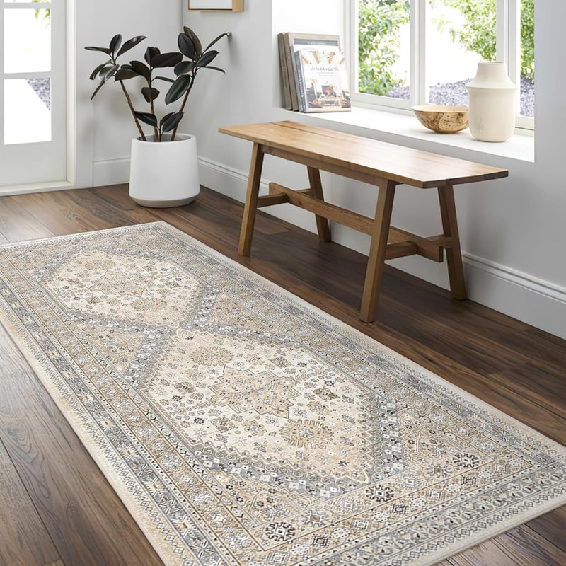 Medallion Non Slip Washable Rug(Beige), Runner 2' x 6'
