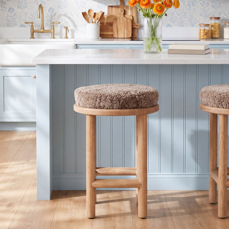 Ceridwen Bar Stool, Natural, Taupe Shearling, Counter Stool (26" Seat Height)