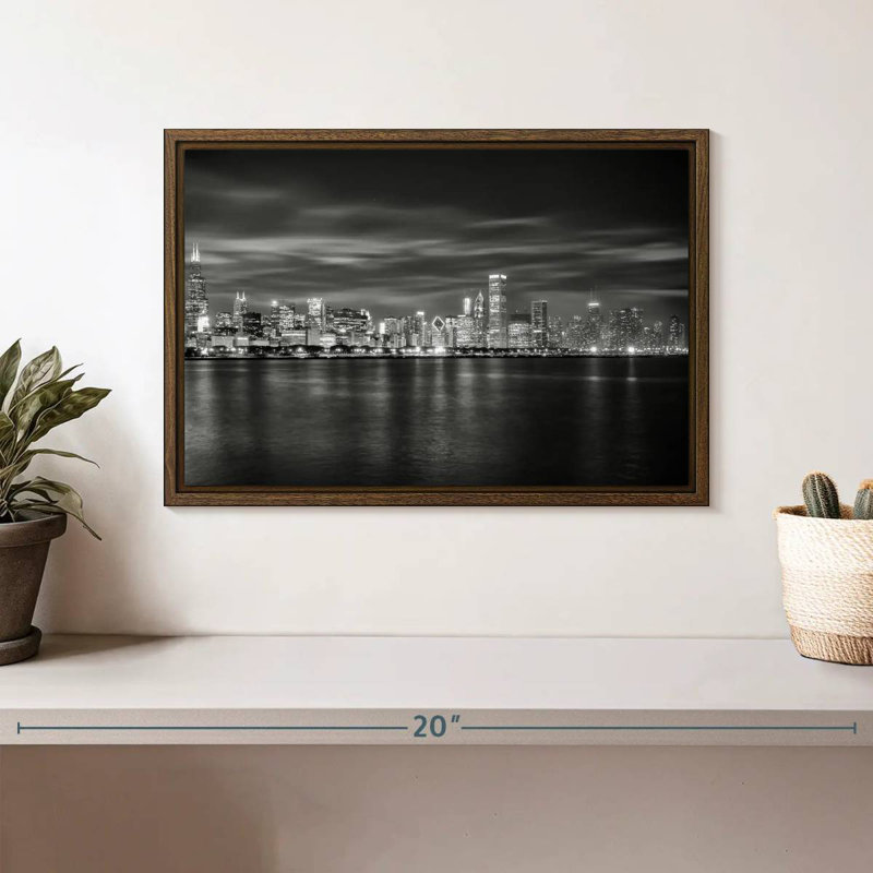 Chicago City - monochrome, 13 po x 9 po, Cadre flottant noyer
