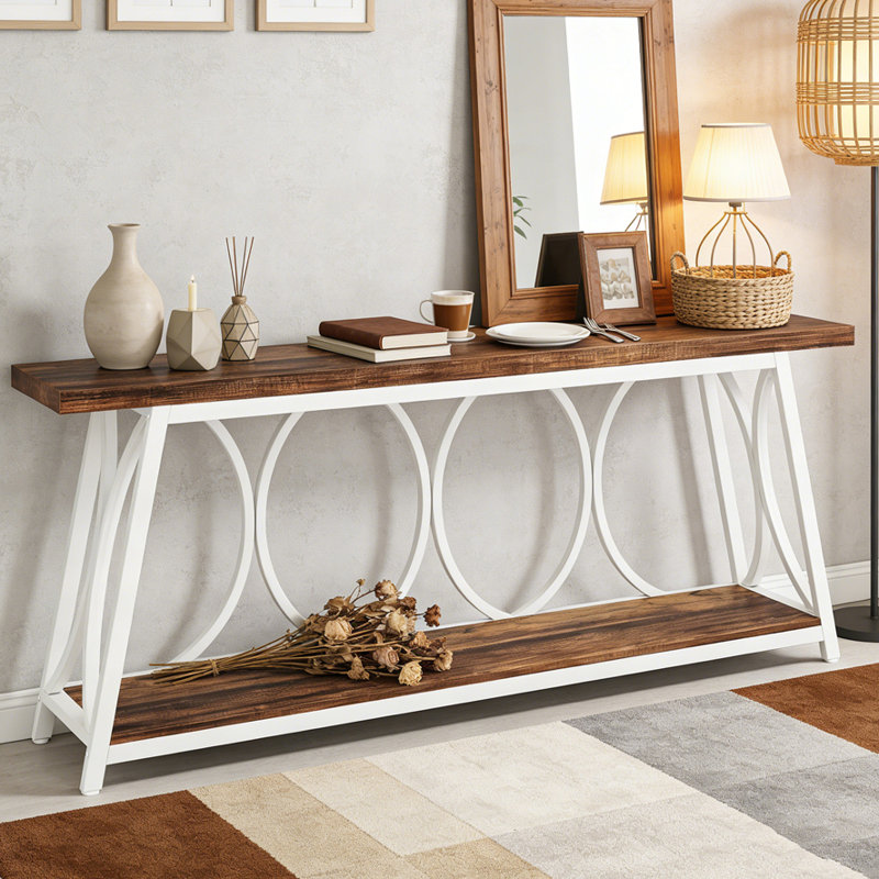 2-Tier Console Table Industrial Sofa Table Behind Couch, Black & Brown