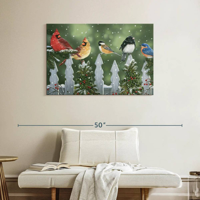 Oiseaux d'hiver sur une clôture enneigée, H 26 po x l 39 po