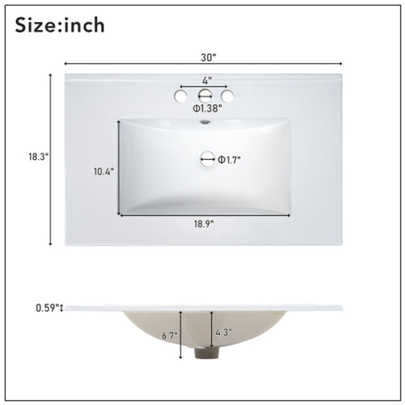 0" Bathroom Vanity with Sink, Soft-Closing Door & 3 Drawers