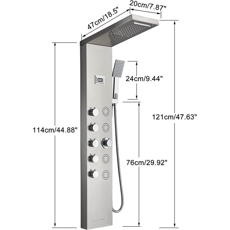 Panneau de douche en acier inoxydable avec affichage de la température et 4 jets de massage