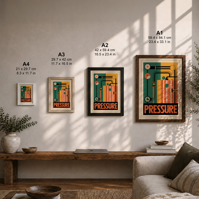 Industrial Pressure Art Deco - Framed Print, A3 - 42.0 x 29.7 cm, Oak