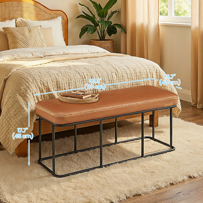Bench For Entryway, Sitting Bench, Ottoman Benich With Steel Frame, Synthetic Leather With Stitching, Mid-Century Modern