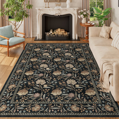 5x8 Area Rug, Washable Vintage Floral Rug for Living Room, No Slip & Stain Resistant Soft Low Pile Indoor Mat for Bedroom, Nursery, Kid Playroom, Dining Room, Home Office, Black