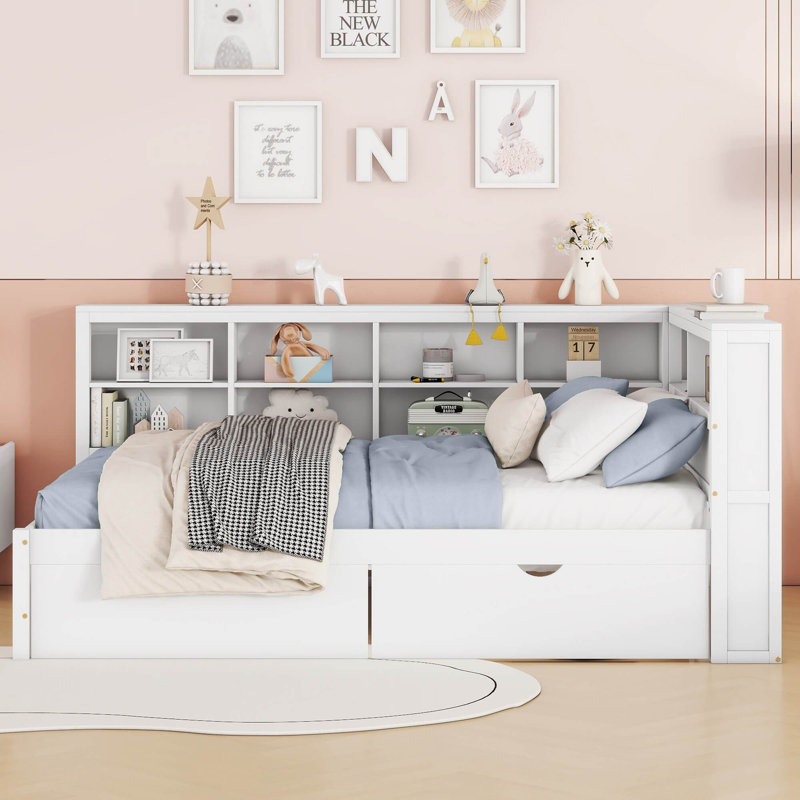 Wooden Full Size Daybed With 2 Drawers, Storage Shelf & USB Charging Port, Full/Double, White