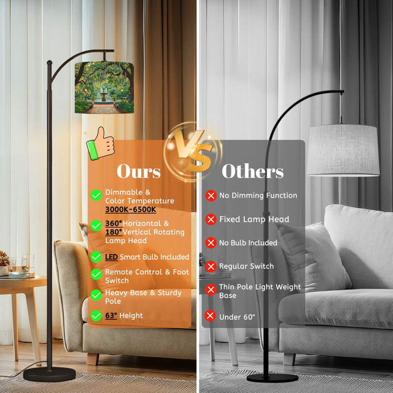 Arc Floor Lamp with Adjustable Lampshade Forsyth Park Savannah Georgia Standing Lamp 3 Color Temperatures Dimmable Tall Pole Lamp with Foot Switch for Bedroom